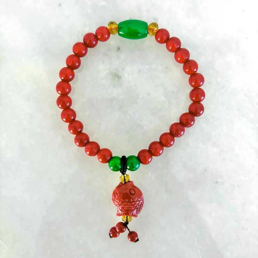NWOT Coi Fish Charm Lucky Fortune Prosperity Elastic Beaded Bracelet Red OS